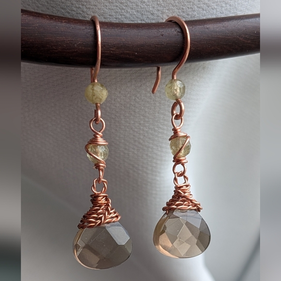 Smokey Quartz Earrings Green Garnet Accents Dangle Drop Artisan Handmade - Picture 12 of 12